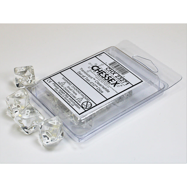 CHX 23271 Translucent Clear/white Set of Ten d10s