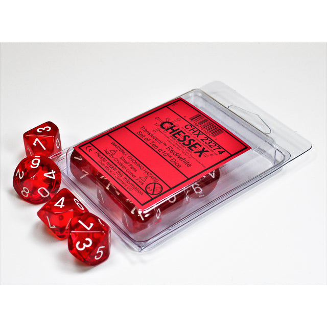 CHX 23274 Translucent Red/white Set of Ten d10s