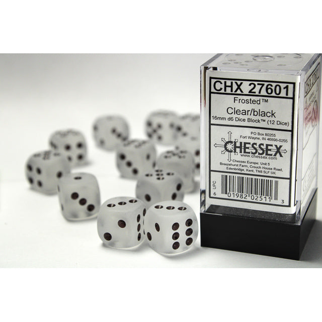 CHX 27601 Frosted Clear/black 16mm d6 Dice Block (12 dice)