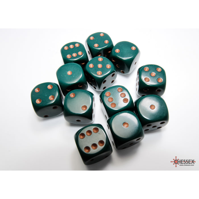 CHX 25615 Opaque Dusty Green/copper 16mm d6 Dice Block (12 dice)