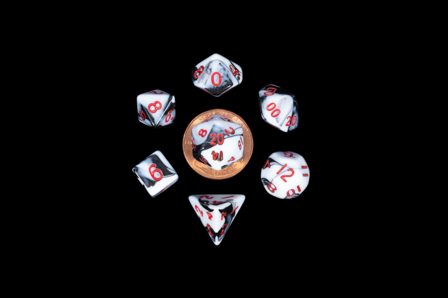 Fanroll: 10mm Mini Polyhedral Dice set: Marble w/ Red Numbers