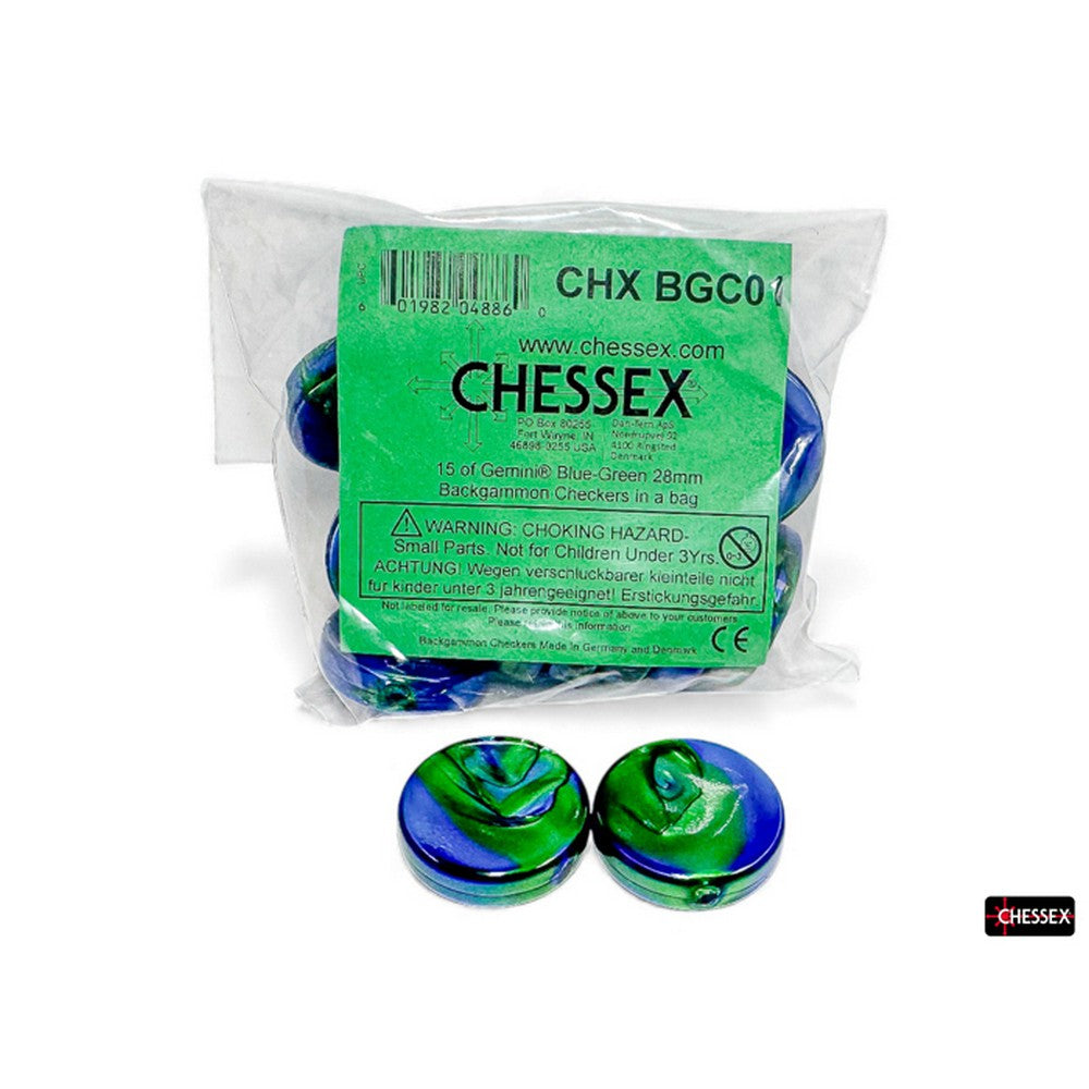 CHX BGC01 15 of Gemini® Blue-Green 28mm Backgammon Checkers in a bag