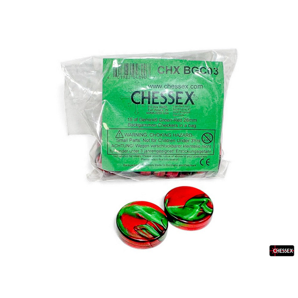 CHX BGC03 15 of Gemini® Green-Red 28mm Backgammon Checkers in a bag