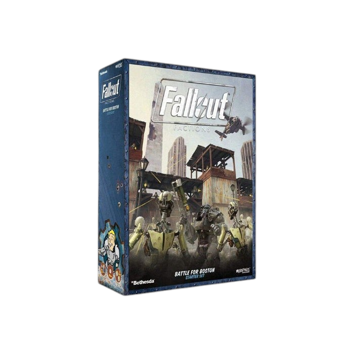 Rain Games Fallout: Factions Battle for Boston starter set box featuring Brotherhood of Steel and Institute figures.