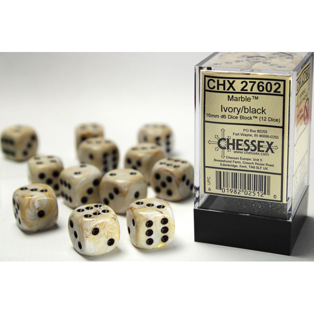 CHX 27602 Marble Ivory/black 16mm d6 Dice Block (12 dice)