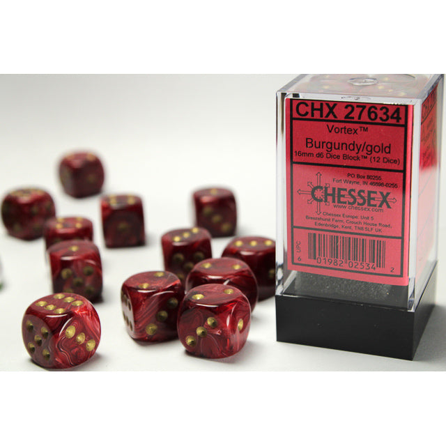 CHX 27634 Vortex Burgundy/gold 16mm d6 Dice Block (12 dice)