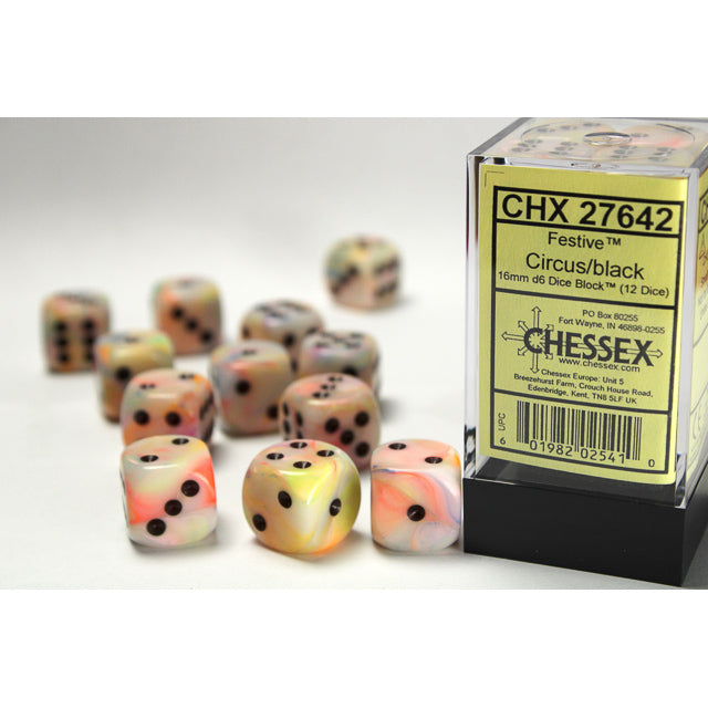 CHX 27642 Festive Circus/black 16mm d6 Dice Block (12 dice)