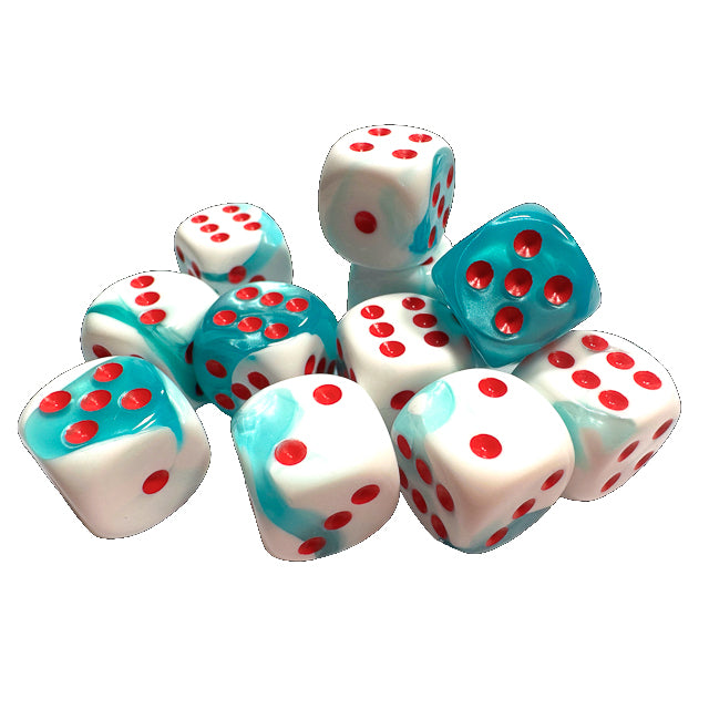 CHX 26644R Limited Edition Gemini Teal-White/red 16mm d6 Dice Block (12 dice)