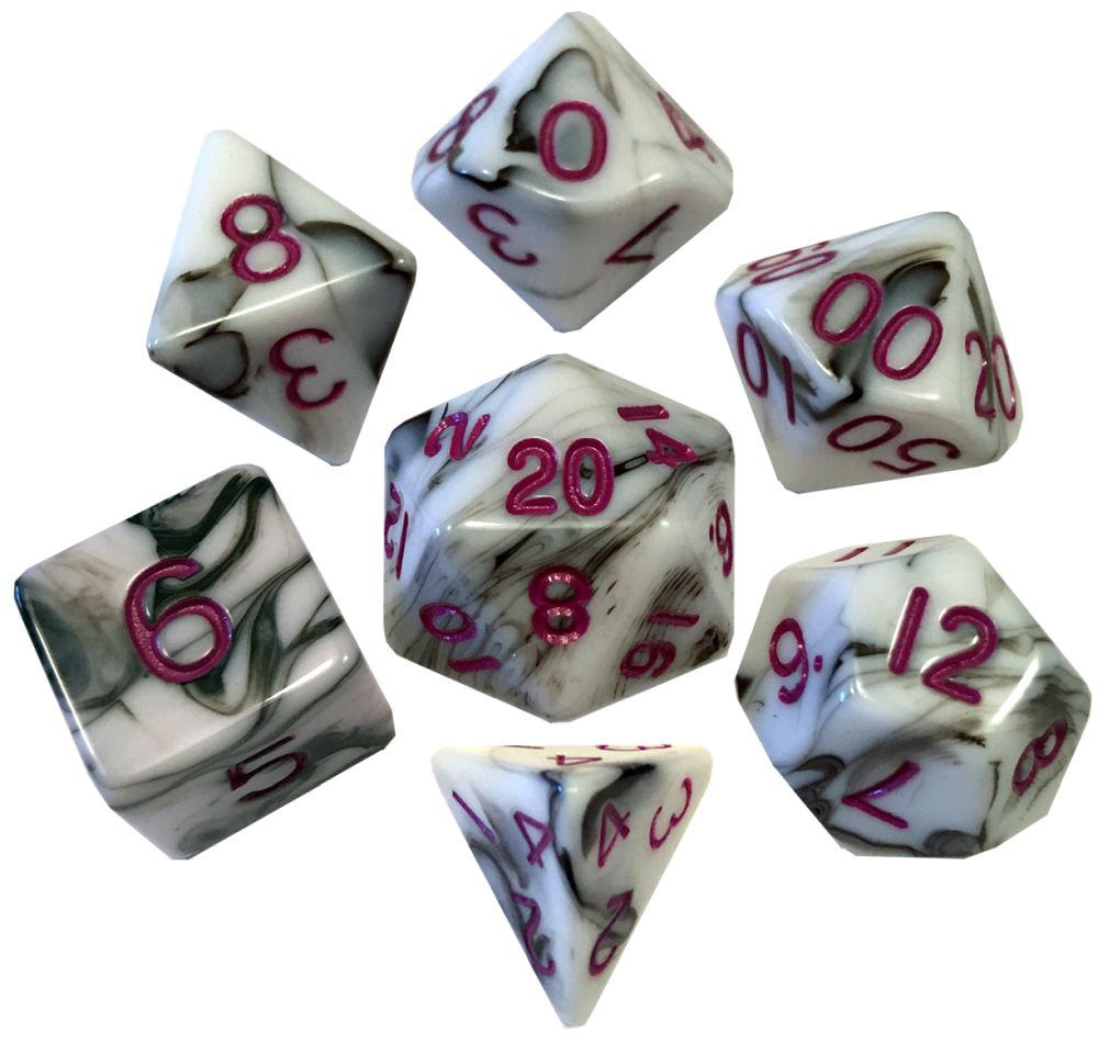 Fanroll: 16mm Acrylic Polyhedral Dice Set: Marble w/ Purple Numbers