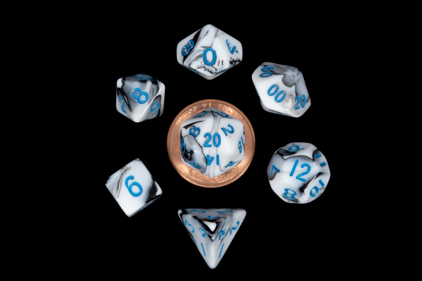 Fanroll: 10mm Mini Polyhedral Dice set: Marble w/ Blue Numbers