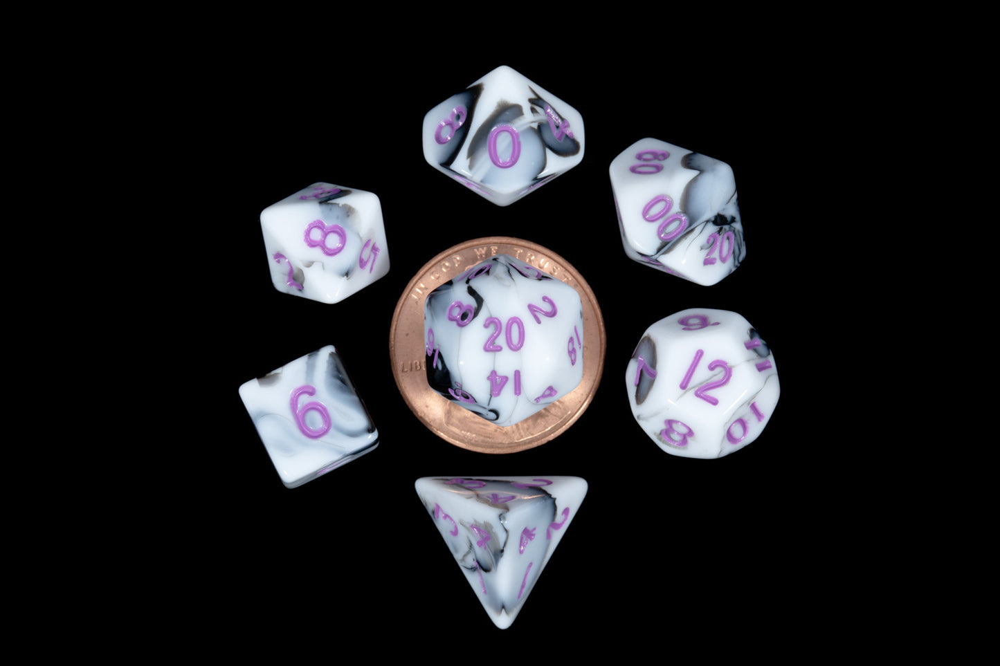Fanroll: 10mm Mini Polyhedral Dice set: Marble w/ Purple Numbers