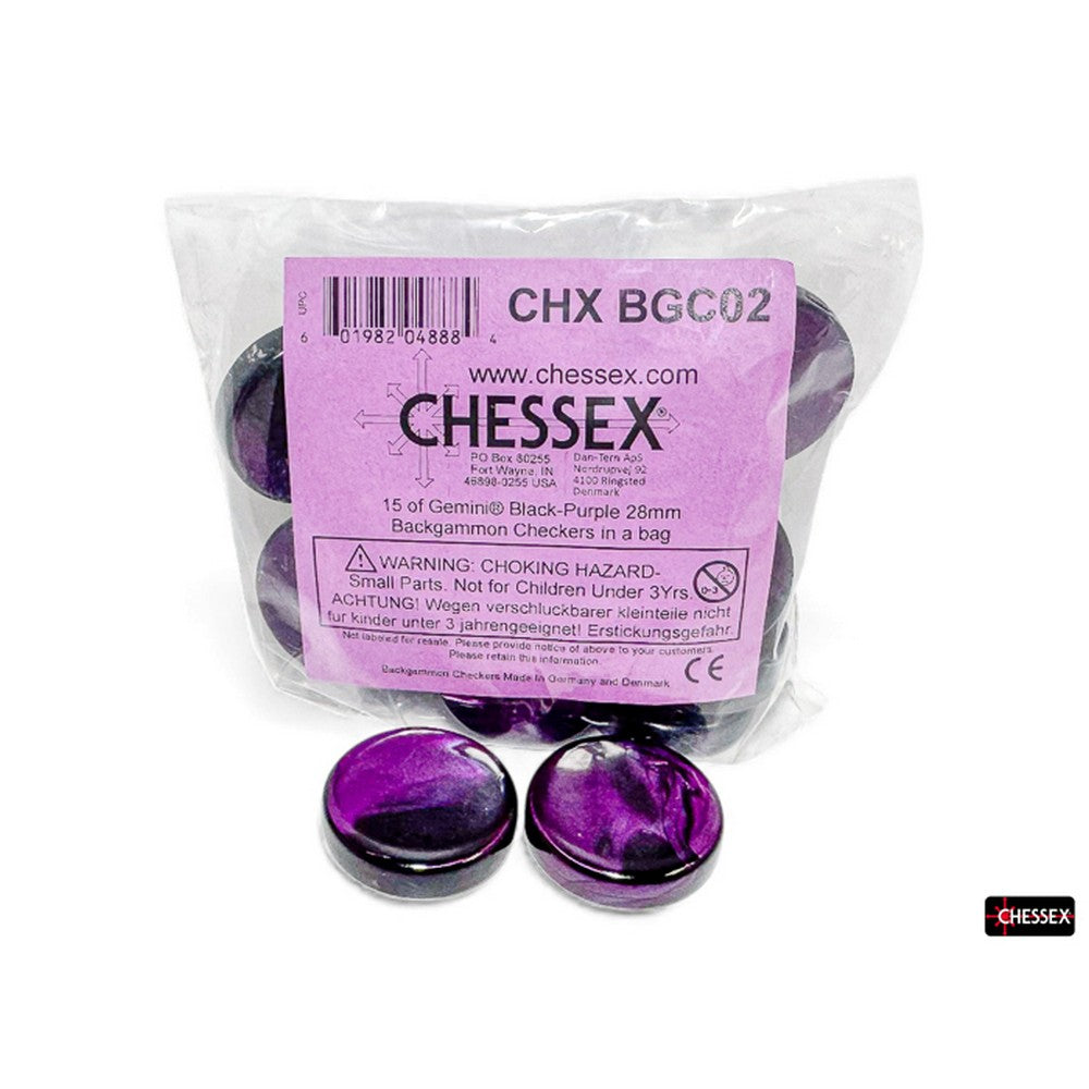 CHX BGC02 15 of GeminiÂ® Black-Purple 28mm Backgammon Checkers in a bag